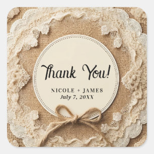 Sticker Carré Nœud en ficelle et dentelle de jute Mariage rustiq