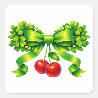 Sticker Carré Nœud Trèfle Chanceux avec Cerises Design Vert