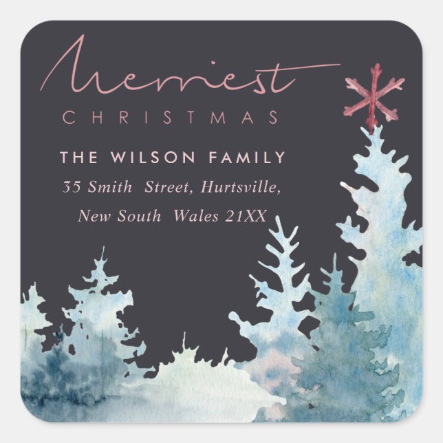 STICKER CARRÉ NOIR AQUA PINK FOREST STAR PINE NOIRE ADRESSE NOËL (Devant)