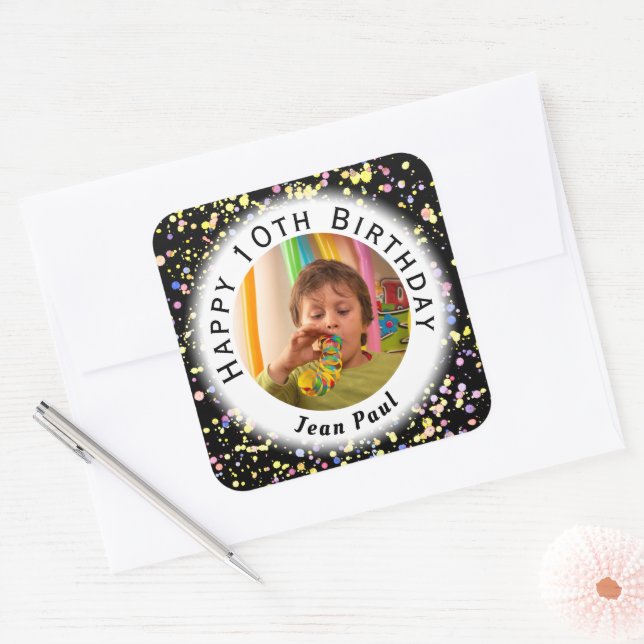Sticker Carré Noir Aquarelle Personnalisable Confetti Anniversai (Enveloppe)