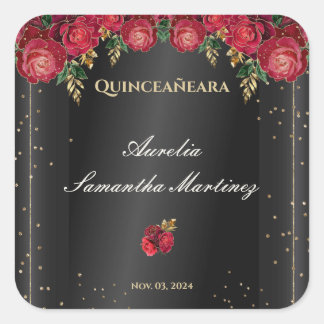 Sticker Carré Noir avec Roses Rouges Quinceañera Calcamonias