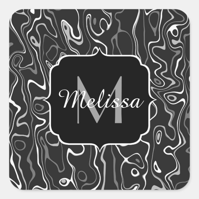 Sticker Carré Noir blanc gris damas tourbillons abstraits Monogr (Devant)