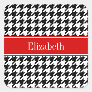 Sticker Carré Noir Blanc Houndstooth Nom rouge Monogramme