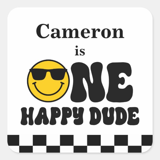 Sticker Carré Noir Blanc Jaune Un Joyeux Mec 1er anniversaire (Devant)