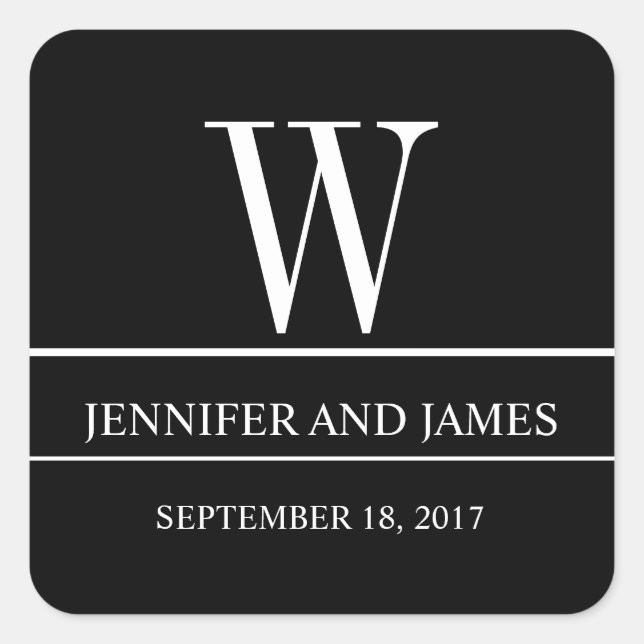 Sticker Carré Noir Blanc Moderne Monogramme Mariage Faveur Stick (Devant)