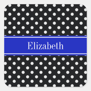 Sticker Carré Noir Blanc Pois Royal Blue Nom Monogramme