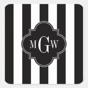 Sticker Carré Noir Blanc Rayure Noir Quatrefeuille 3 Monogramme