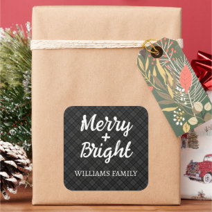 Sticker Carré Noir blanc tartan Noël Joyeux famille brillante