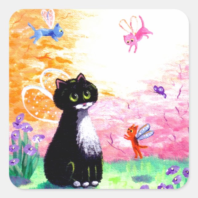 Sticker Carré Noir Blanc Tuxedo Fées de chats Créationarts (Devant)