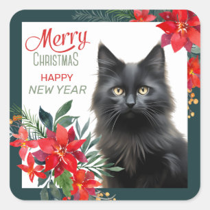 Sticker Carré Noir Chat Poinsettia Frontière Noël