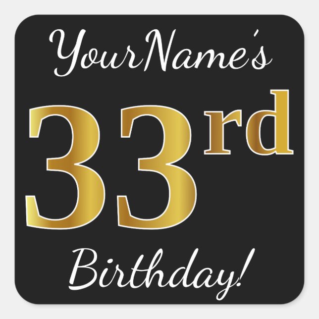 Sticker Carré Noir, Faux Gold 33ème anniversaire + Nom personnal (Devant)
