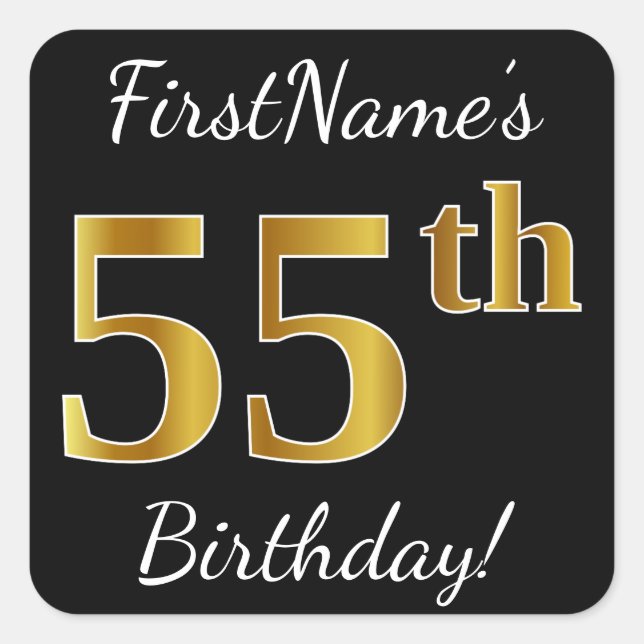 Sticker Carré Noir, Faux Gold 55e anniversaire + Nom personnalis (Devant)