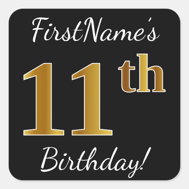 Sticker Carré Noir, Faux Or 11e anniversaire + Nom personnalisé (Devant)