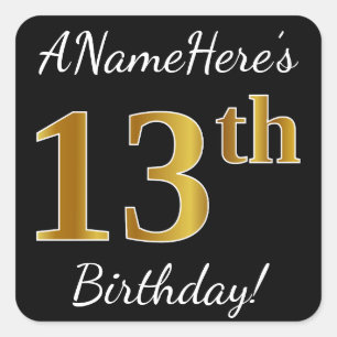 Sticker Carré Noir, Faux Or 13ème anniversaire + Nom personnalis