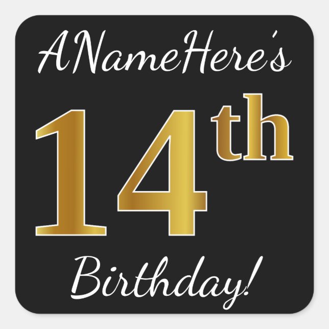 Sticker Carré Noir, Faux Or 14e anniversaire + Nom personnalisé (Devant)