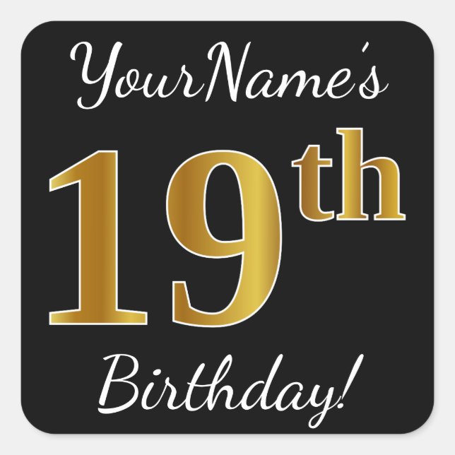 Sticker Carré Noir, Faux Or 19e anniversaire + Nom personnalisé (Devant)