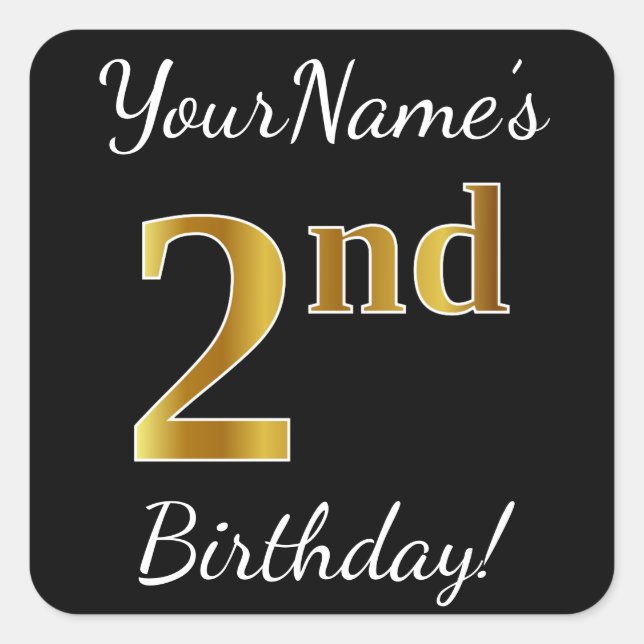 Sticker Carré Noir, Faux Or 2ème anniversaire + Nom personnalisé (Devant)