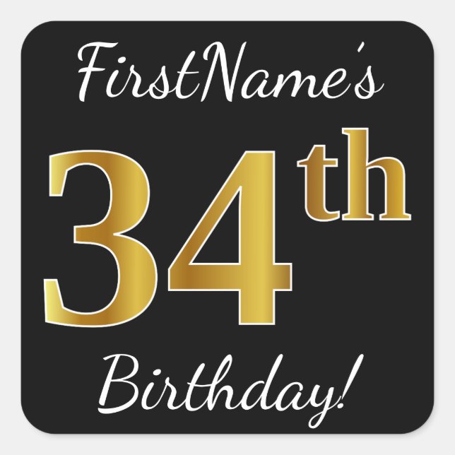 Sticker Carré Noir, Faux Or 34e anniversaire + Nom personnalisé (Devant)