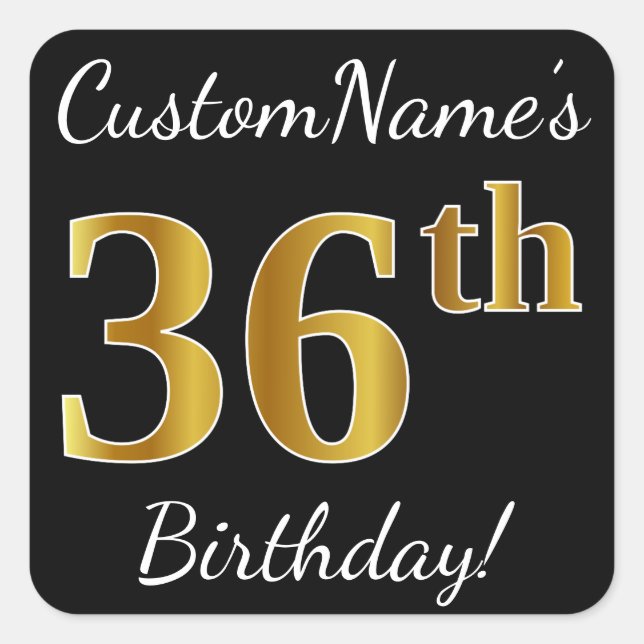 Sticker Carré Noir, Faux Or 36e anniversaire + Nom personnalisé (Devant)