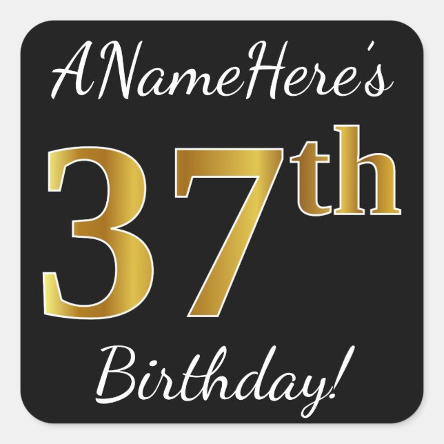 Sticker Carré Noir, Faux Or 37e anniversaire + Nom personnalisé (Devant)