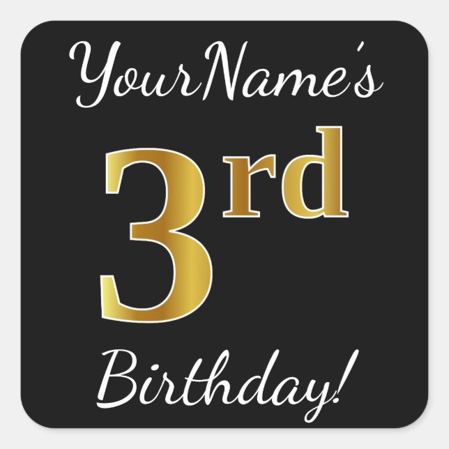 Sticker Carré Noir, Faux Or 3ème anniversaire + Nom personnalisé (Devant)