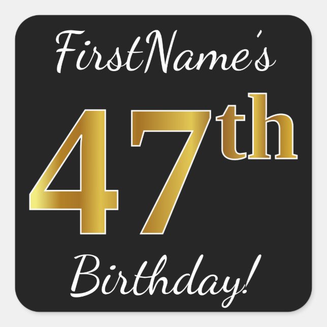 Sticker Carré Noir, Faux Or 47ème Anniversaire + Nom personnalis (Devant)