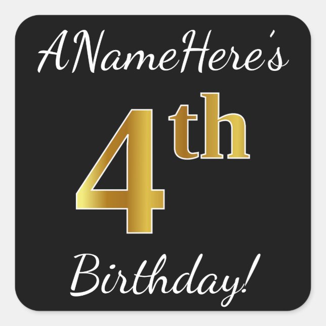 Sticker Carré Noir, Faux Or 4ème anniversaire + Nom personnalisé (Devant)