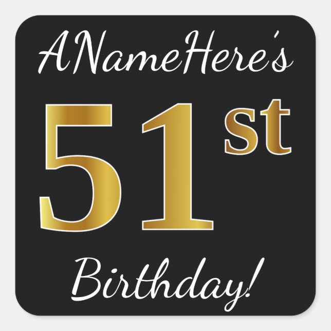 Sticker Carré Noir, Faux Or 51ème Anniversaire + Nom personnalis (Devant)