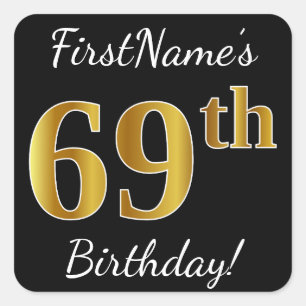 Sticker Carré Noir, Faux Or 69e anniversaire + Nom personnalisé