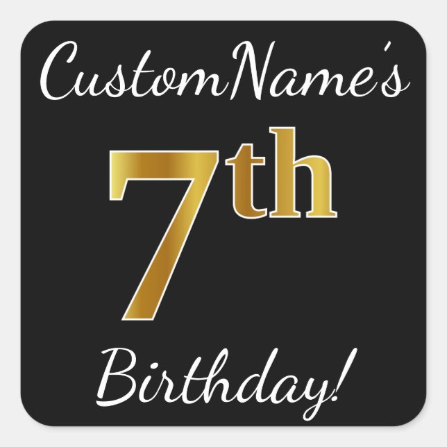 Sticker Carré Noir, Faux Or 7ème anniversaire + Nom personnalisé (Devant)