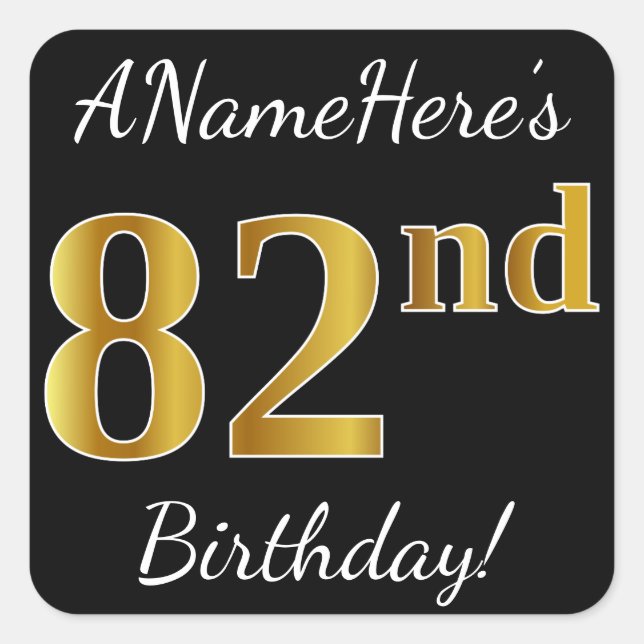 Sticker Carré Noir, Faux Or 82e anniversaire + Nom personnalisé (Devant)