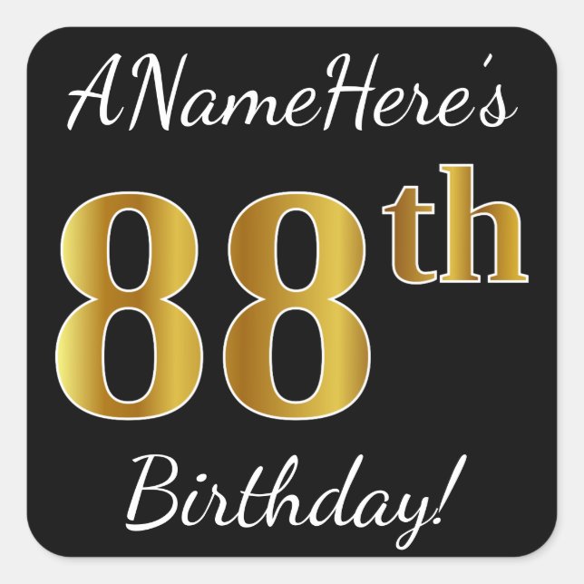 Sticker Carré Noir, Faux Or 88e anniversaire + Nom personnalisé (Devant)