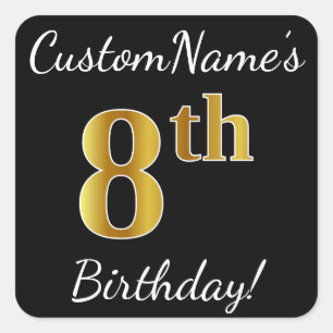Sticker Carré Noir, Faux Or 8ème anniversaire + Nom personnalisé