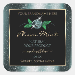 Sticker Carré Noir floral avec Parties scintillant Turquoise fon