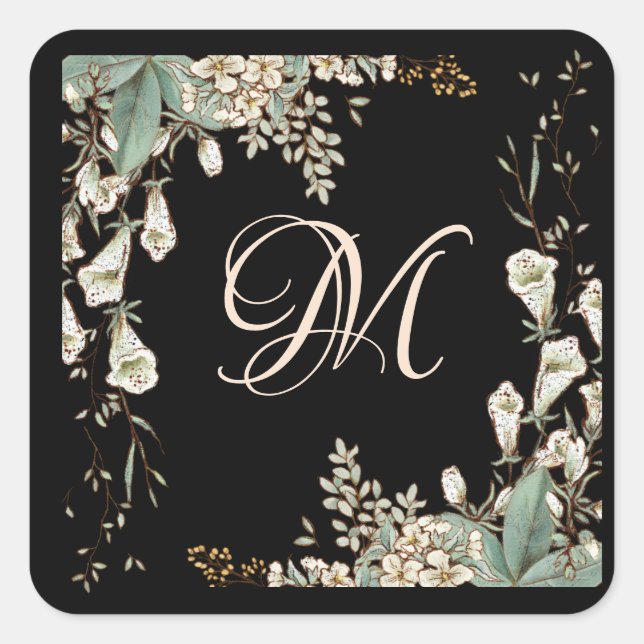 Sticker Carré Noir Floral Garland Script Monogramme Élégant (Devant)