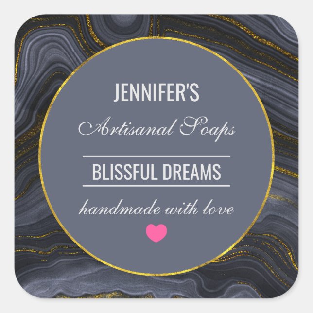 Sticker Carré Noir & Or moderne Agate Pierre savon Abstrait (Devant)
