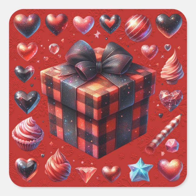 Sticker Carré Noir Rouge Plaid Valentine Coeurs et sucreries (Devant)