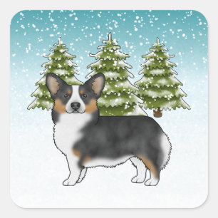 Sticker Carré Noir Tri Pembroke Corgi Forêt d'hiver Noël