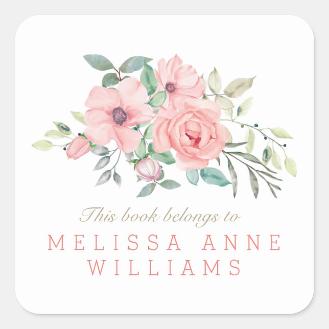 Sticker Carré Nom Blush Coral Aquarelle Florale Plaque (Devant)