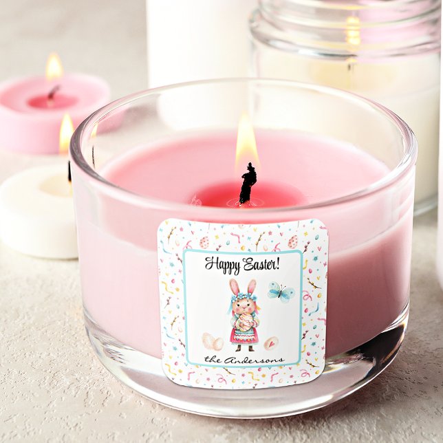 Sticker Carré Nom d'autocollant | Lapinette de Pâques joyeuse 1, (Créateur téléchargé)