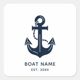 Sticker Carré Nom de bateau bleu marine nautique Ancre