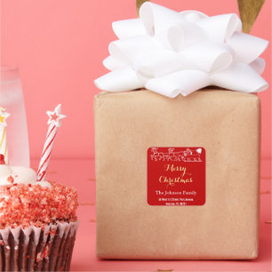 Sticker Carré Nom de famille Adresse Joyeux Noël Rouge or Père N