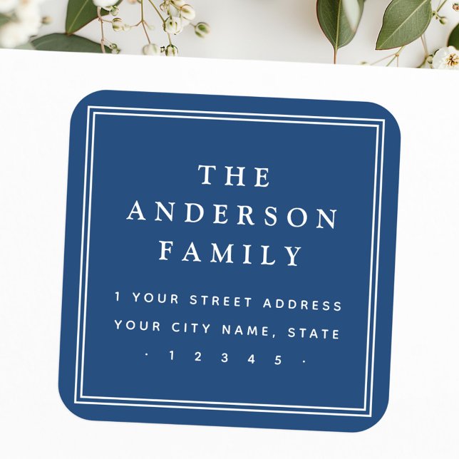 Sticker Carré Nom de famille bordure bleu foncé adresse de retou (Family name border dark blue return address square sticker)