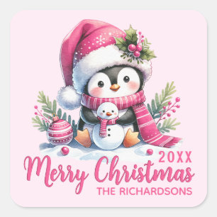 Sticker Carré Nom de famille Cute Penguin Rose Joyeux Noël