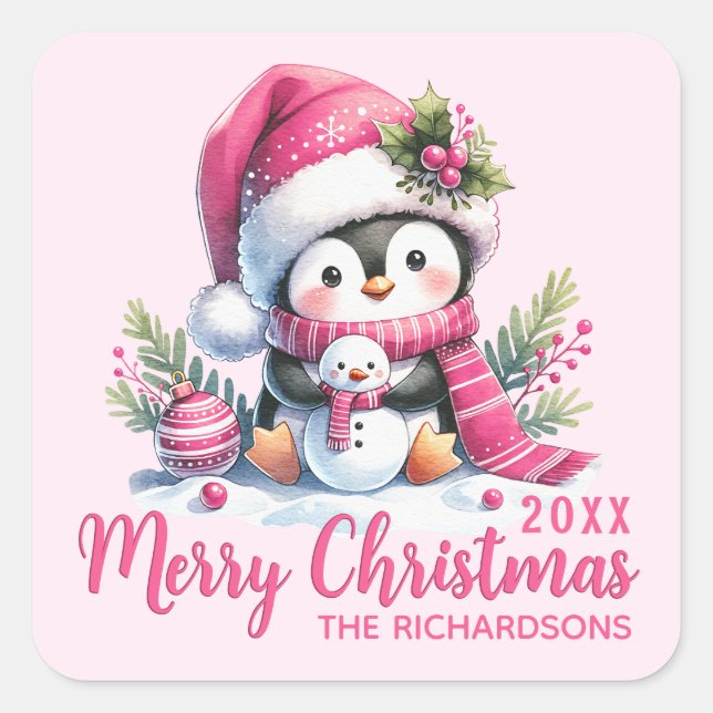 Sticker Carré Nom de famille Cute Penguin Rose Joyeux Noël (Devant)