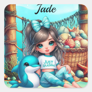 Sticker Carré Nom de la fille personnalisée assise avec son daup