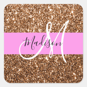 Sticker Carré Nom de monogramme avec paillettes rose et bronze G