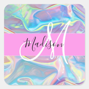 Sticker Carré Nom de monogramme holographique iridescent rose fé