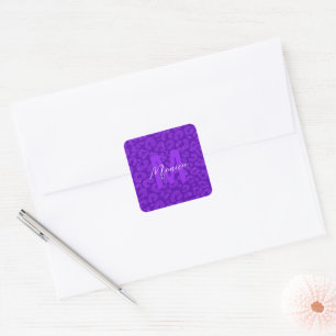 Sticker Carré Nom de script de monogramme pailleté violet élégan