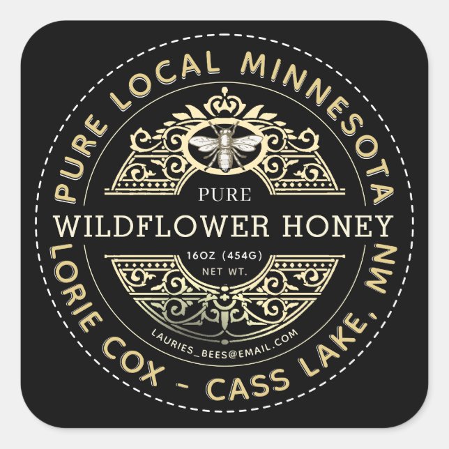Sticker Carré Nom d'Etat Heraldic Bee Fleur sauvage Miel Étiquet (Devant)